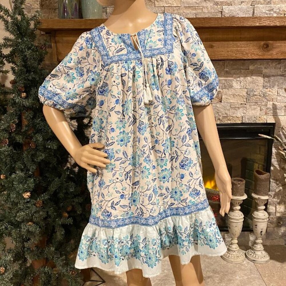 OLD NAVY Dress Women's Blue Floral Puff Sleeve Ruffle Hem Mini Swing BOHO M